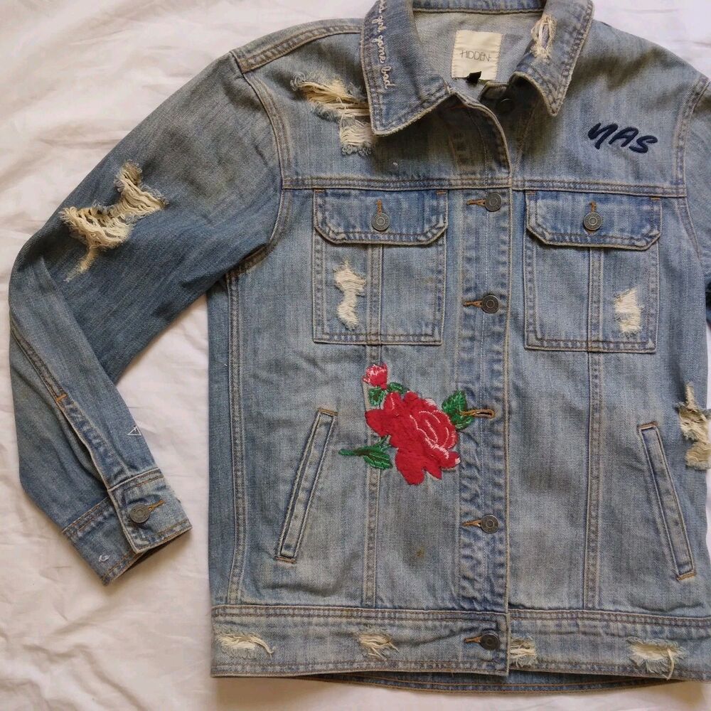 Hidden Embroidered Distressed Denim Jean Jacket Grunge Y2K Women's Size XS - Picture 3 of 16